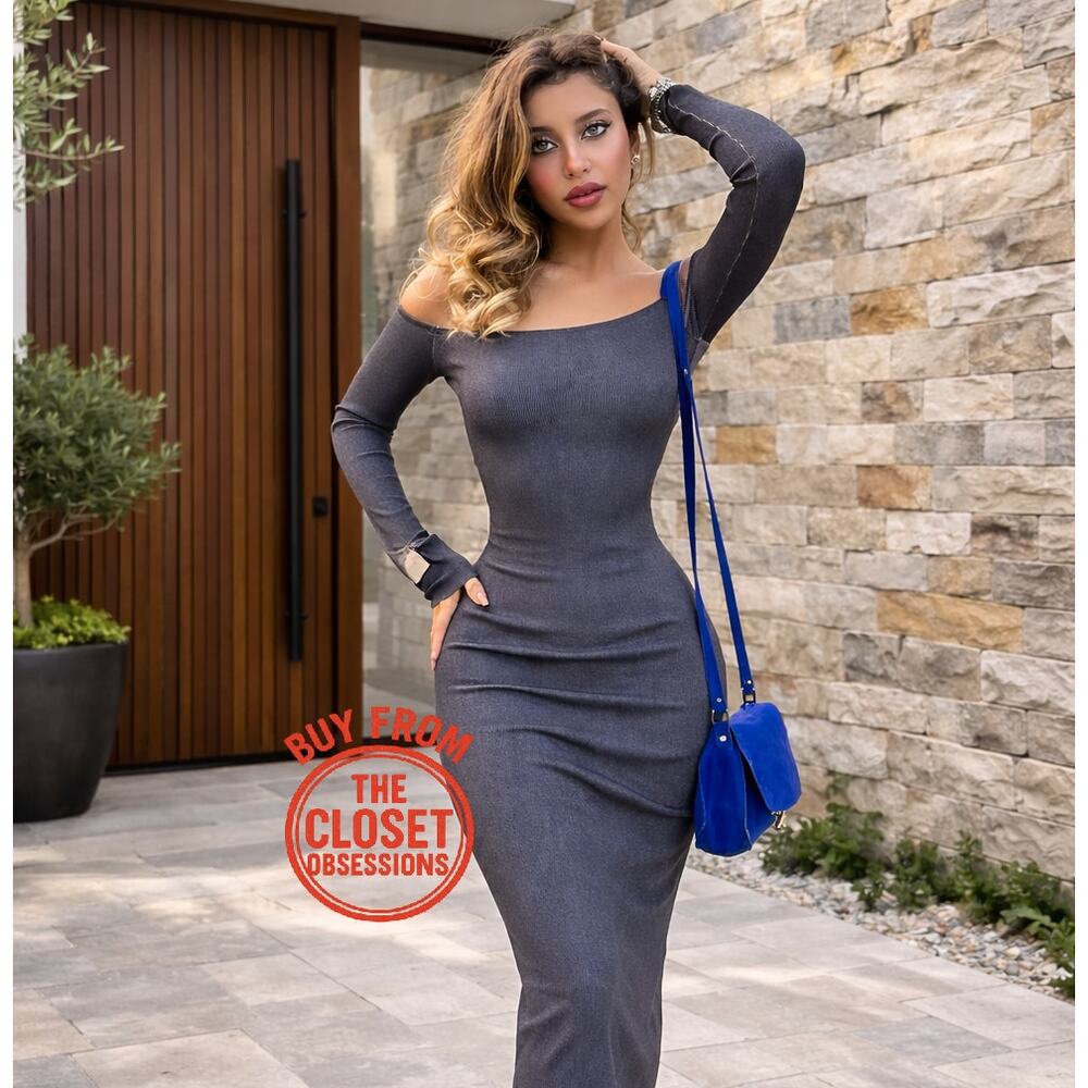 ZARA Grey Off Shoulder Bodycon Midi Dress Quiet Luxury NWT